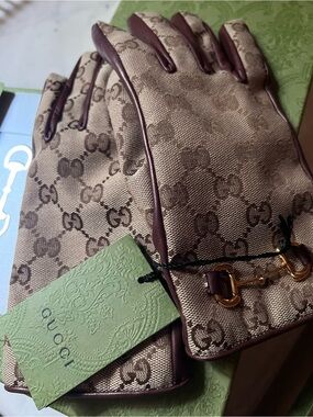 Gucci Beige Brown Monogram Canvas Gloves with Horsebit Detail